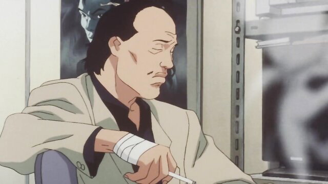 Bald anime man in suit with bandaged hand smoking, Perfect Blue style