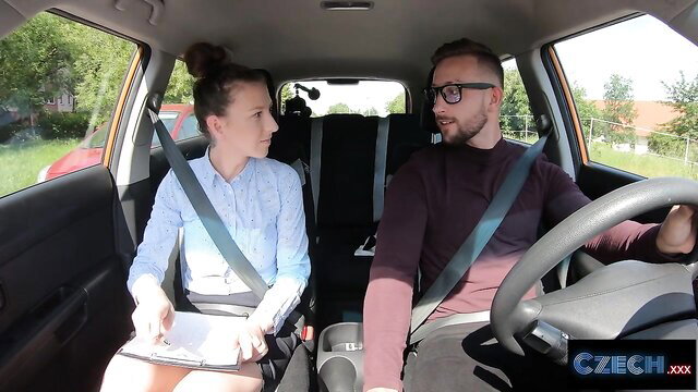 Czech MILF driving instructor in car with student, amateur XXX