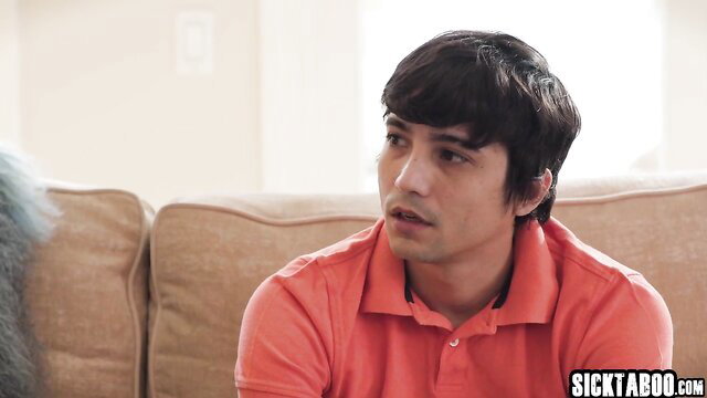 Pristine Edge busty cougar stepmom chats with stepson on couch