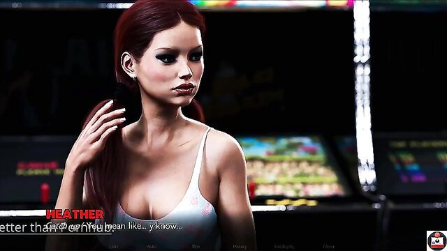 Redhead Heather in tight tank top at arcade, teasing cleavage