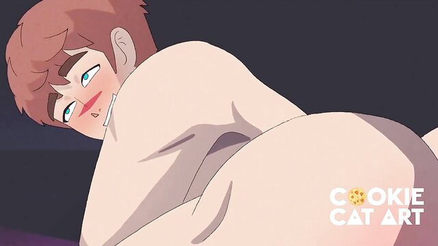 Hot twink with plump ass bent over in sexy pose, Halloween threesome tease