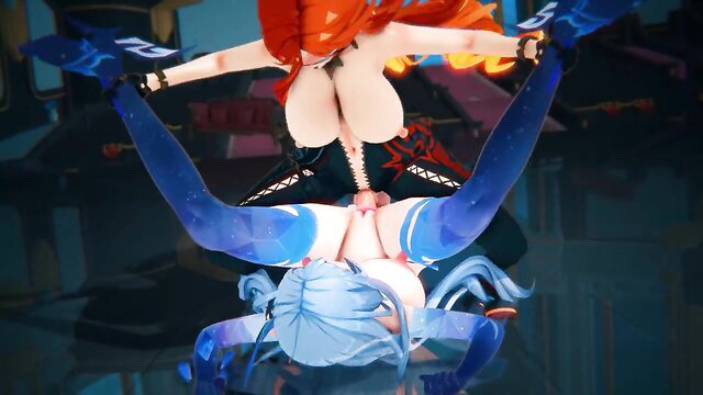 HD Skirk x Futa Mavuika Genshin Impact hentai: redhead rides blue-haired futa cock