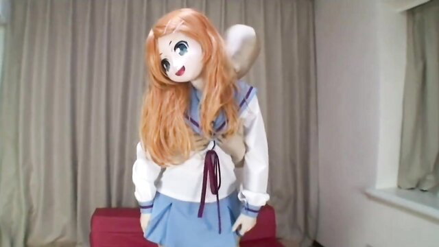 Chokawa's cute orange-haired anime mask girl in school uniform cosplay