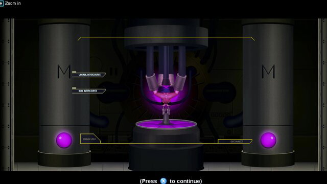 Purple crystal device glowing in futuristic lab setup, sci-fi erotic scene