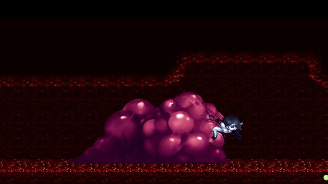 Anime girl trapped in giant purple grapes, vore peril in dark red scene