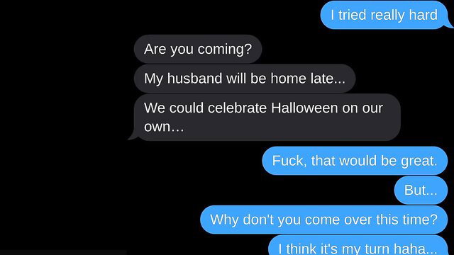 Cheating wife texts lover for Halloween hookup while hubby late
