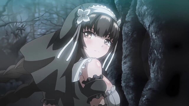 Black-haired anime nun in sexy habit, teasing forest pose