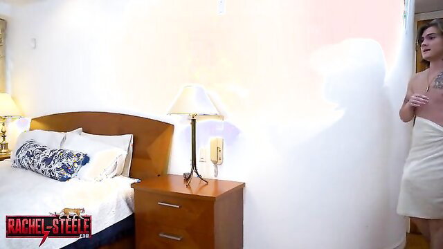 Rachel Steele in towel, nude man in bedroom cheating scene