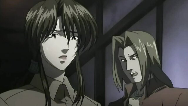 Asian woman with long black hair and blonde man in tense anime-style closeup