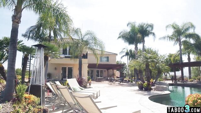 Luxury poolside patio with lounge chairs and palm trees