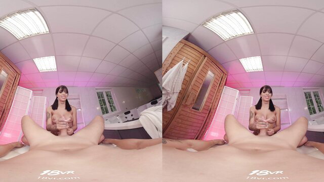 Athenea Rose nude in VR sauna, legs spread wide pussy closeup