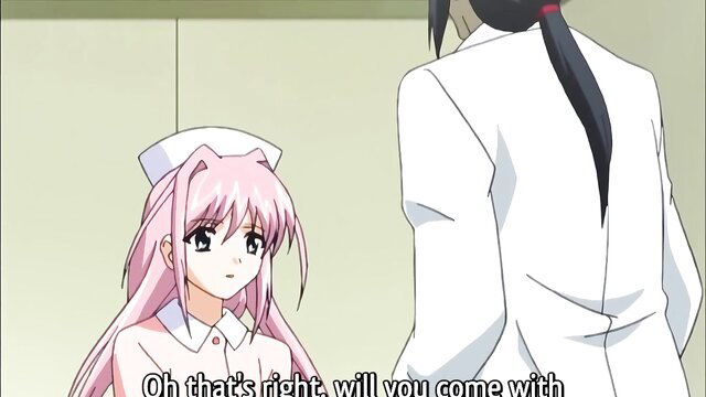 Pink-haired nurse in uniform talks to doctor in hentai scene