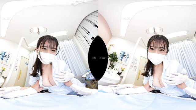 VR Japanese nurse in tight uniform with huge tits poses seductively