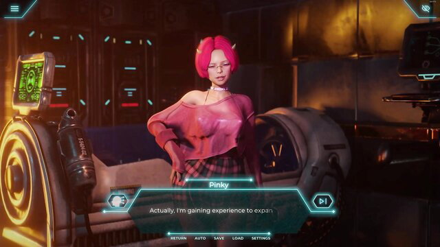 Pinky in cyberpunk outfit, pink hair, teasing in sci-fi Deprived Factory scene