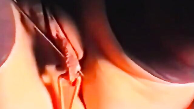 Extreme closeup of red-hot nail piercing wet shaved pussy lips