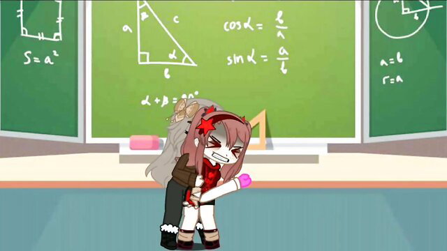 Futa teacher hugs student in classroom, pink hair anime style