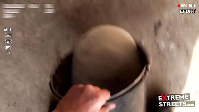 Peer Pressure Wins: Hand scoops tan head from metal bucket in extreme amateur clip