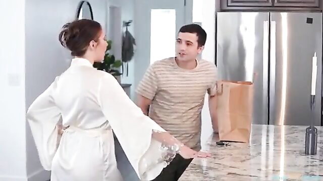 Jizz thirsty cougar in silk robe flirts with son-in-law at kitchen counter