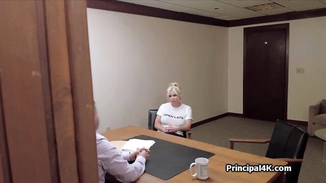 Blonde bikini mommy in principal's office facing head teacher