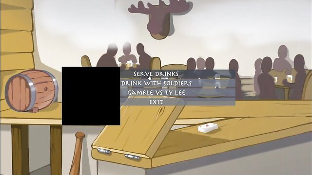 Cartoon barmaid serving drinks to soldiers in tavern scene