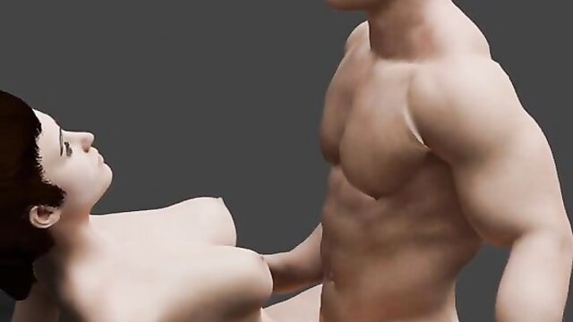 3D hottie aunty topless with buff guy groping her tits