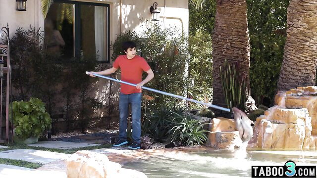 Rachael Cavalli watches shocked stepson with pool skimmer