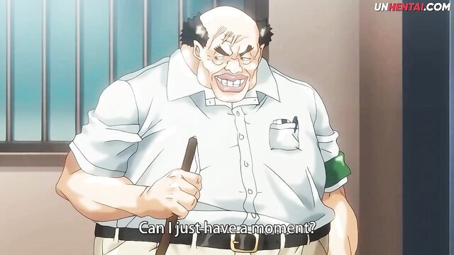 Bald fat Japanese teacher in prison yells angrily holding stick hentai