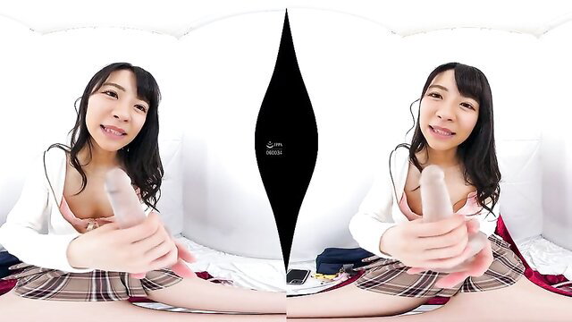 Asian schoolgirl in VR POV holds dildo, smiling seductively