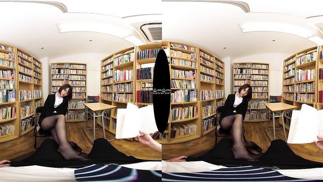 Japanese office lady in stockings reads seductively in VR POV library