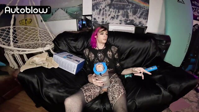 Pink-haired Asteria teases pussy with Autoblow AI Ultra sex toy