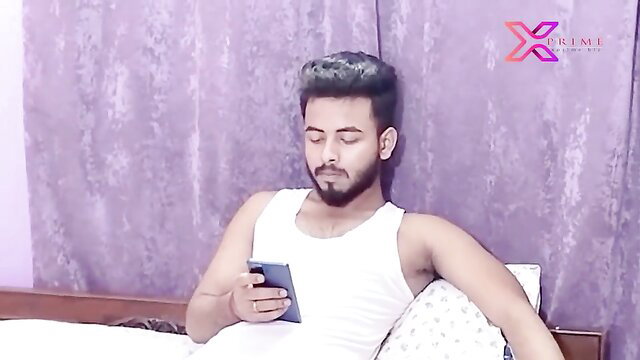 Chubby Indian MILF's handsome guy in tank top on bed