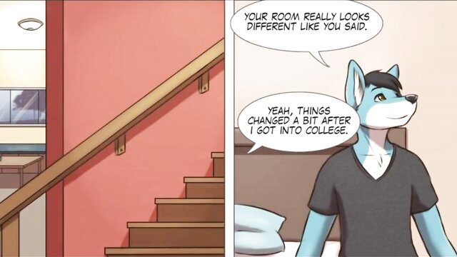 Blue furry wolf guy in black V-neck shirt stands in bedroom