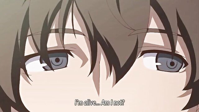 Close-up of confused anime boy's gray eyes in hentai sex scene