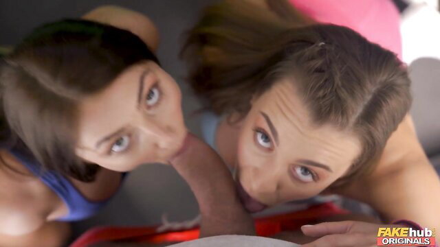 Katy Rose and brunette in wild gym threesome blowjob