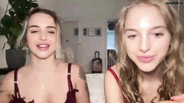 Sofiaaaxoxoxo and blonde friend smiling in lingerie webcam