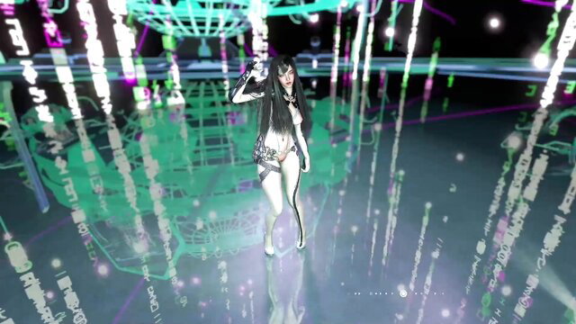 Sexy black-haired anime girl in skimpy bodysuit dances in neon cyber setting