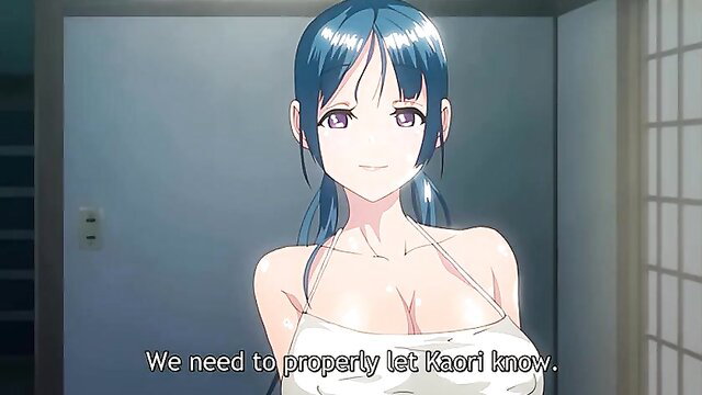 Blue-haired anime hentai babe in skimpy wet towel, huge tits tease