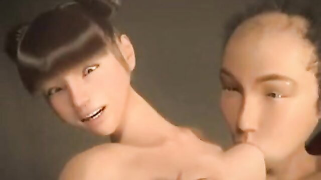 3D hentai girl with twin tails kissed by bald man in erotic embrace