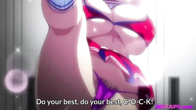 Busty anime hentai girl cheers 'Do your best G-O-C-K' in sexy cheerleader pose