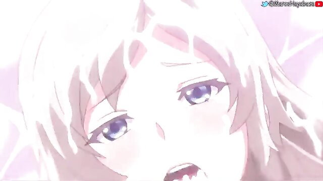 Anime girl with white hair close-up, aroused expression, open mouth, blue eyes