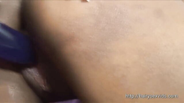 Hairy pussy closeup with thick blue dildo brutal insertion