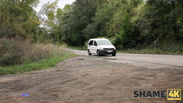 Mackenzie Page in white taxi van on rural road - Shame4K