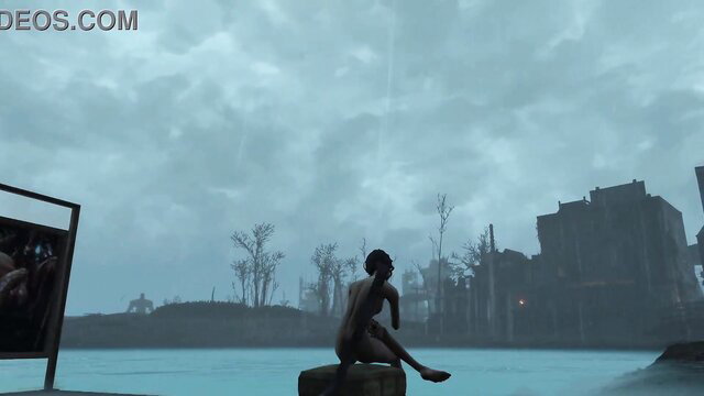 Nude futa queen sits by post-apocalyptic lake, hump joy tease