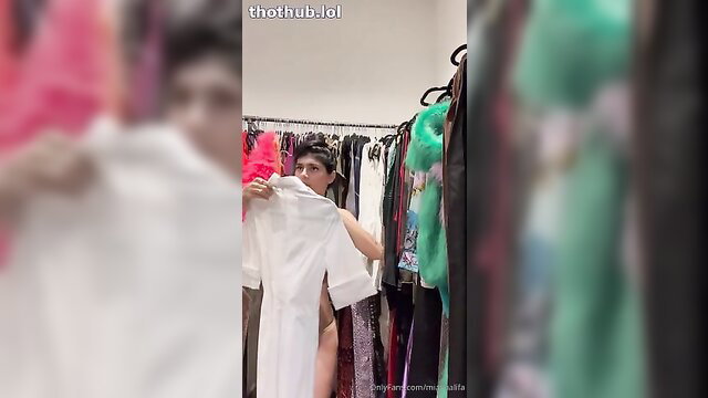 Mia Khalifa trying on sexy white dress in closet, hot brunette tease