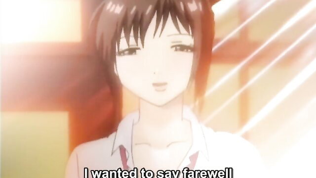 Anime girl in white shirt says farewell in Milk Junkies Ep.2 hentai scene