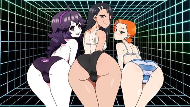 Three busty hentai girls with huge asses in bikinis, cyber grid backdrop