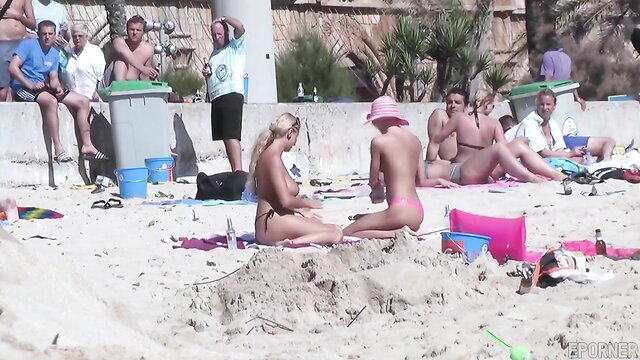 Blonde lesbians topless public beach striptease hot nude fun