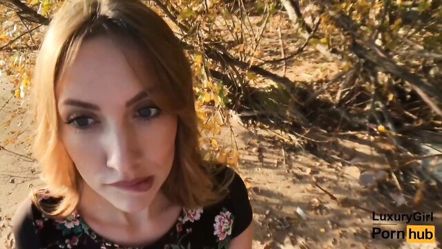 Hot blonde teen LuxuryGirl outdoor blowjob on beach, cum in mouth