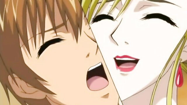 Anime MILF with long green hair kisses laughing brown-haired guy in MILF Mansion Ep.1