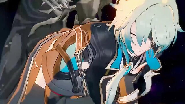 Anaxa from Honkai Star Rail hentai, sexy teal-haired anime girl in black outfit